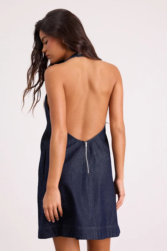 Dema Dark Wash Denim Backless Mini Dress