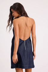 Dema Dark Wash Denim Backless Mini Dress