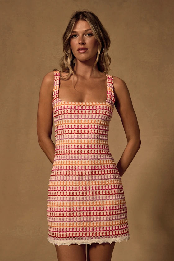 Alianora Red and Cream Crochet Mini Dress