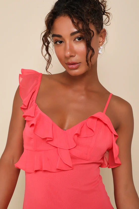 Captivating Always Coral Pink Ruffled Asymmetrical Mini Dress
