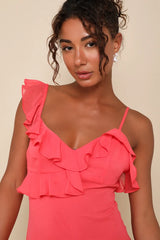 Captivating Always Coral Pink Ruffled Asymmetrical Mini Dress