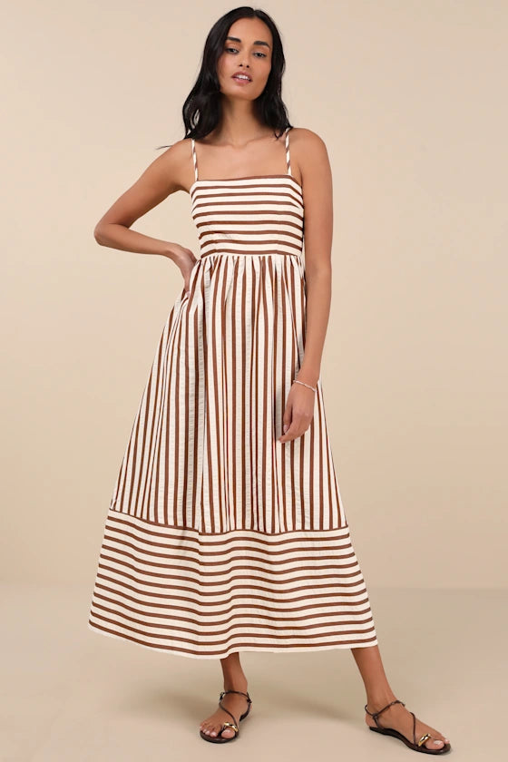 Exceptionally Pristine Brown and Cream Striped Cutout Midi Dress