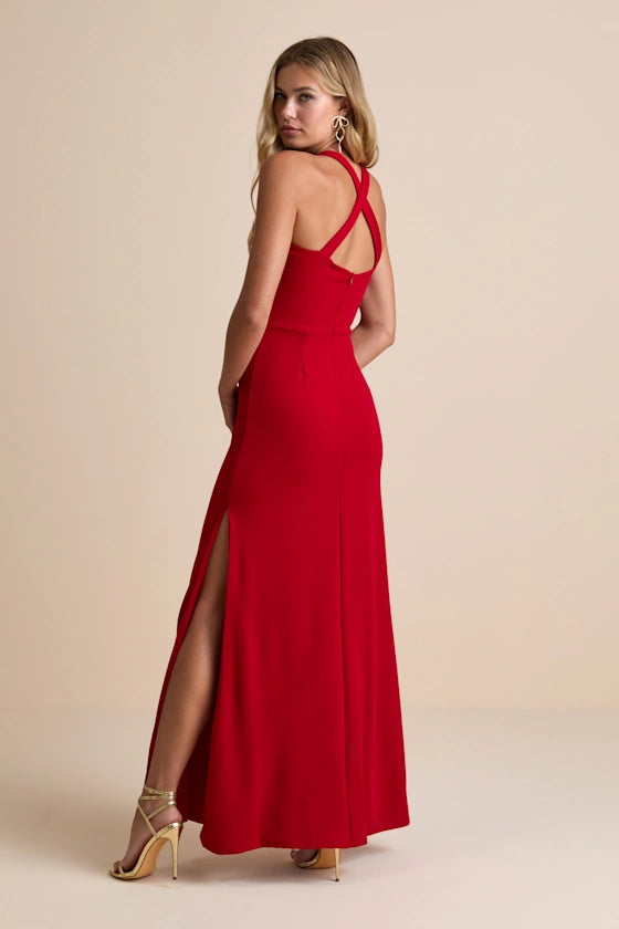 Perfectly Demure Red Backless Column Maxi Dress