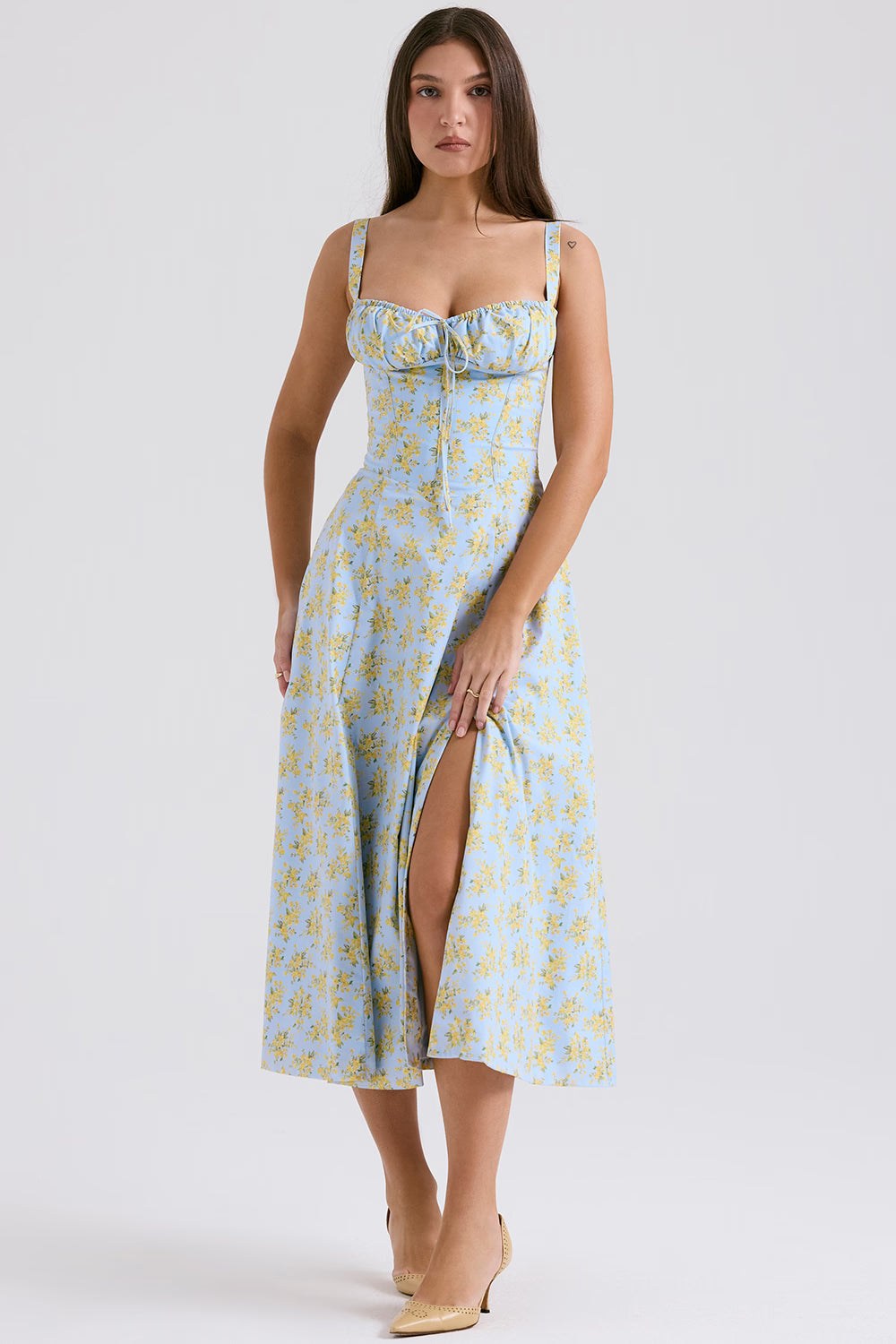 soft blue vintage floral print cotton bustier sundress