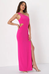 Simply Beautiful Hot Pink One-Shoulder Cutout Maxi Dress