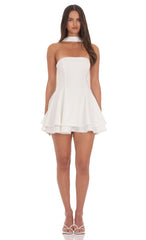 Satin Scarf Strapless Dress in White