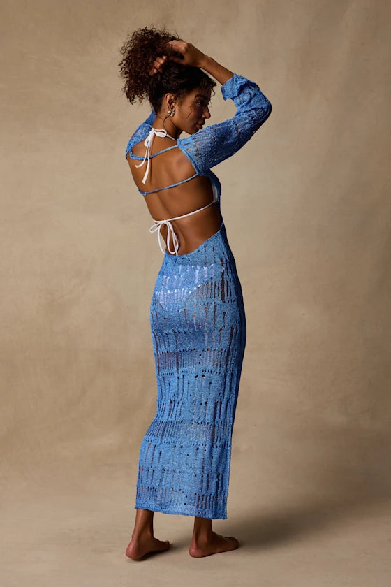 Salise Shiny Blue Distressed Maxi Swim Cover-Up