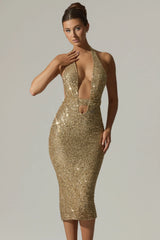 Embellished Cut-Out Open-Back Midaxi Dress in Gold