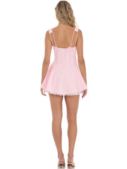 Bow Strap Shimmer Ruffle Dress in Pink