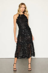 Fallon Black Sequin Halter Midi Dress