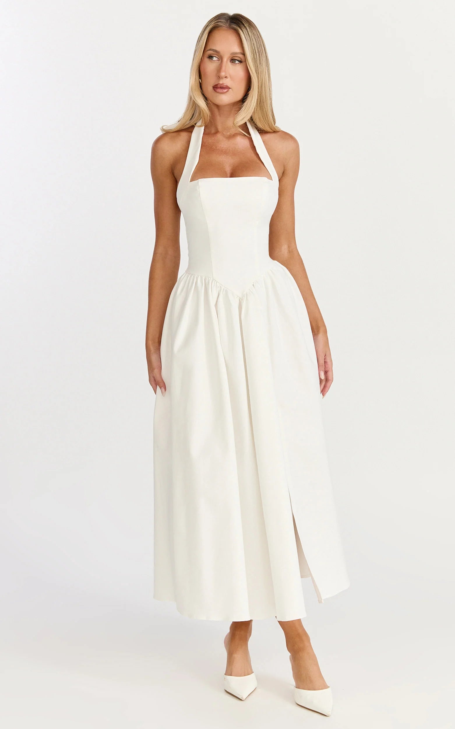 Halter Tie Neck Corset Panel Dress in Off White