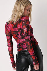 Eliza Pink Rose Print Sheer Mesh Mock Neck Long Sleeve Top