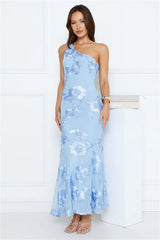 Glossy Girl One Shoulder Mesh Maxi Dress Blue