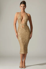 Embellished Cut-Out Open-Back Midaxi Dress in Gold