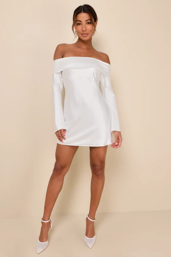Luxurious Vision White Satin Off-the-Shoulder Mini Dress
