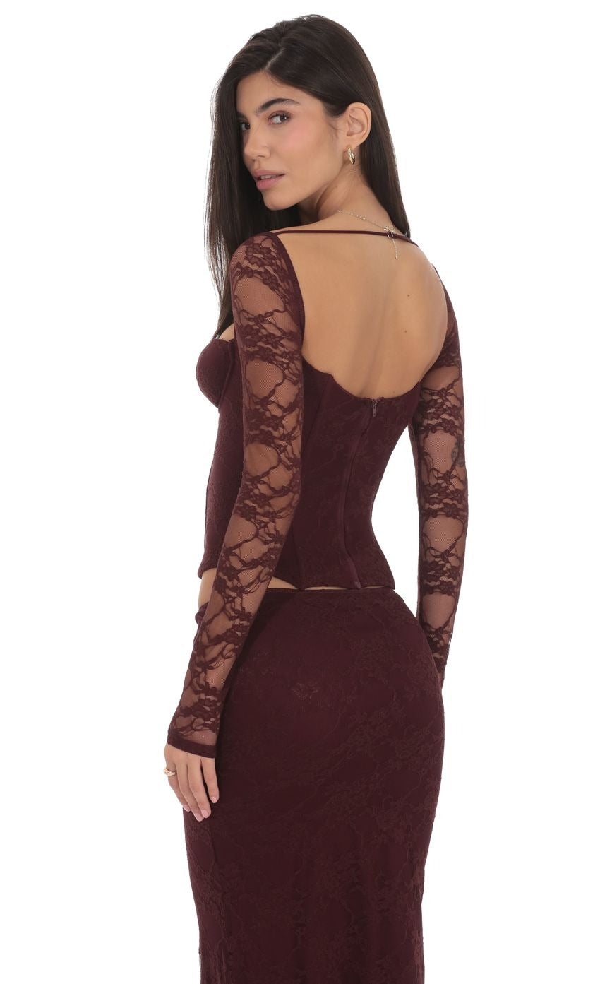 Longe Sleeve Lace Corset Top in Deep Wine
