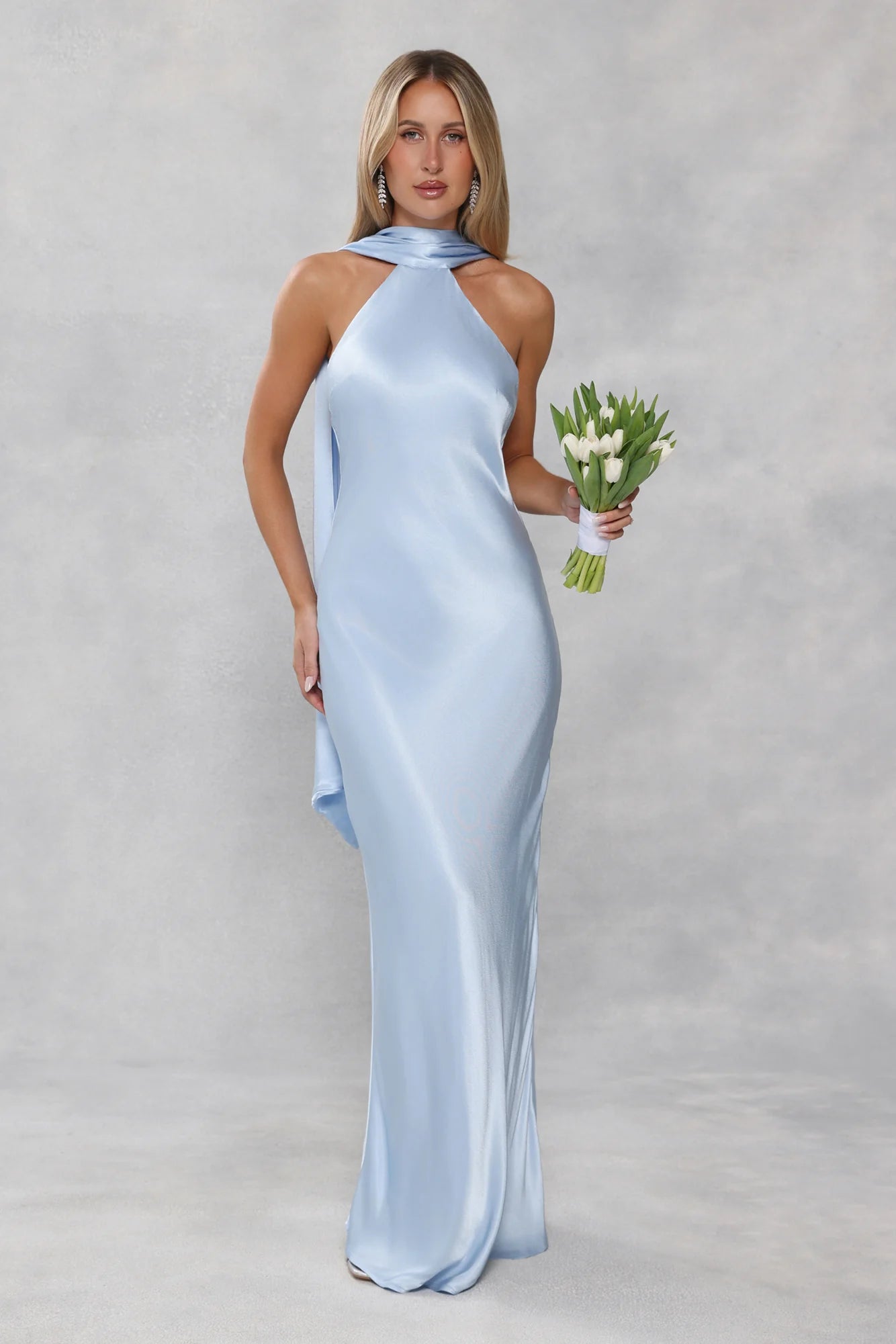 The Vivia Halter Satin Maxi Dress Light Blue