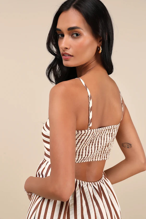 Exceptionally Pristine Brown and Cream Striped Cutout Midi Dress