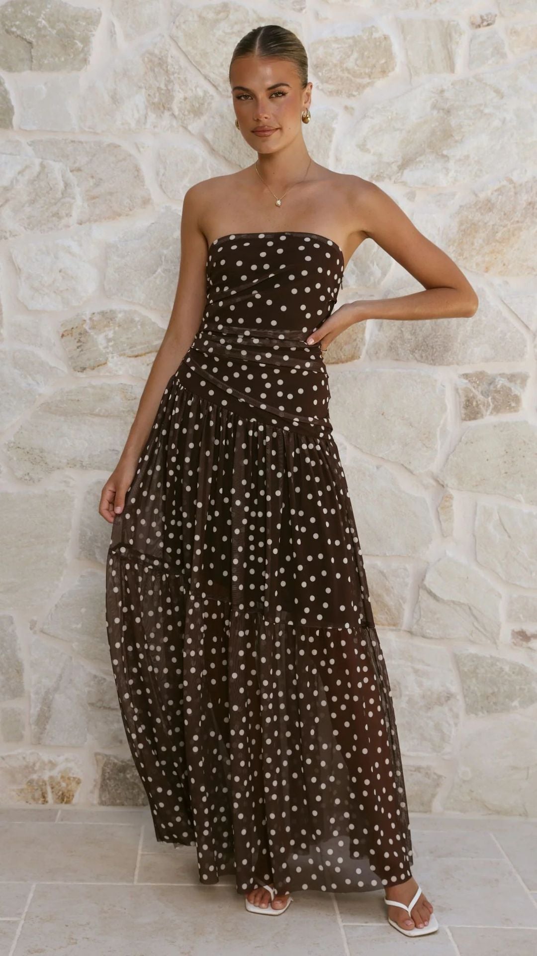 Polka Dot Strapless Ruched Maxi Dress