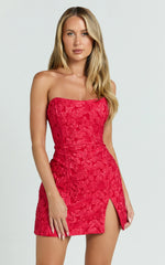 Strapless Dress in Red Jacquard