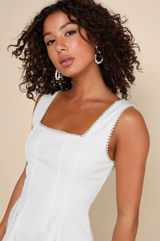 Pure Hearted White Pearl Square Neck Sleeveless Mini Dress