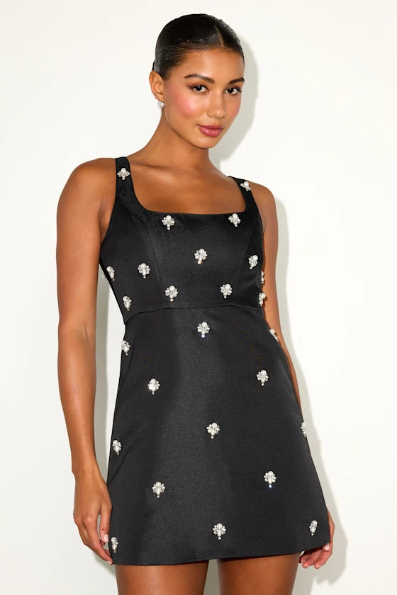 Naveena Black Satin Pearl Rhinestone Mini Dress