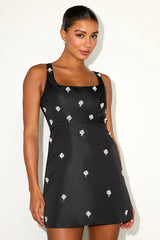Naveena Black Satin Pearl Rhinestone Mini Dress