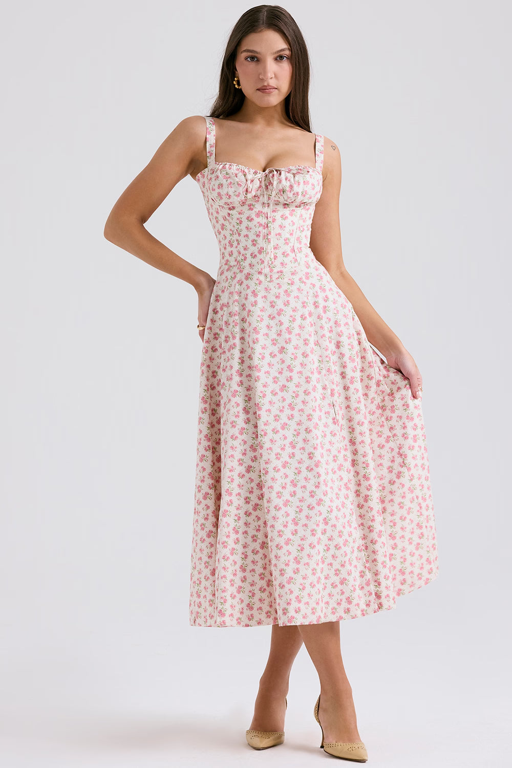 white rosebud print cotton bustier sundress