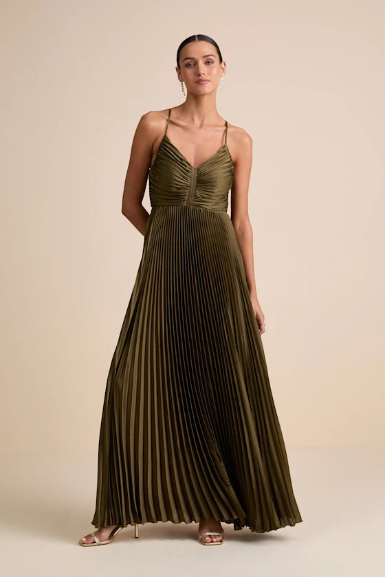 Olive Green Maxi Dress - Open Back Dress- Pleated Satin Dress - Lulus