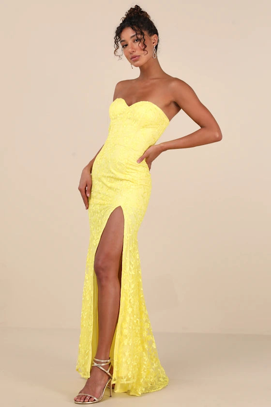 Romantic Beauty Yellow Floral Embroidered Strapless Maxi Dress
