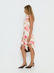 Loreza Halter Asymmetrical Midi Dress Cream Floral