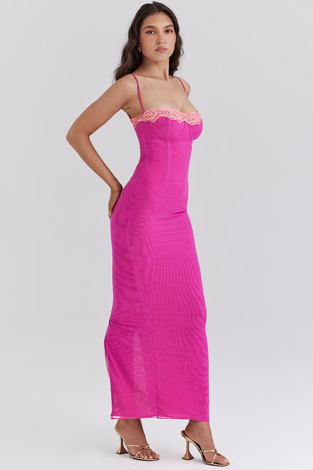 raspberry lace trimmed maxi dress