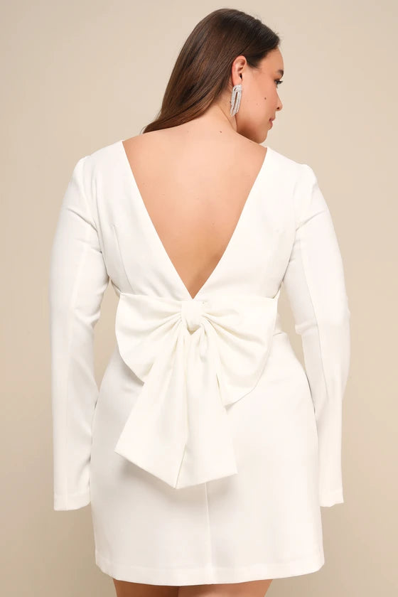 Elegant Cutie Ivory Bow Long Sleeve Backless Mini Dress