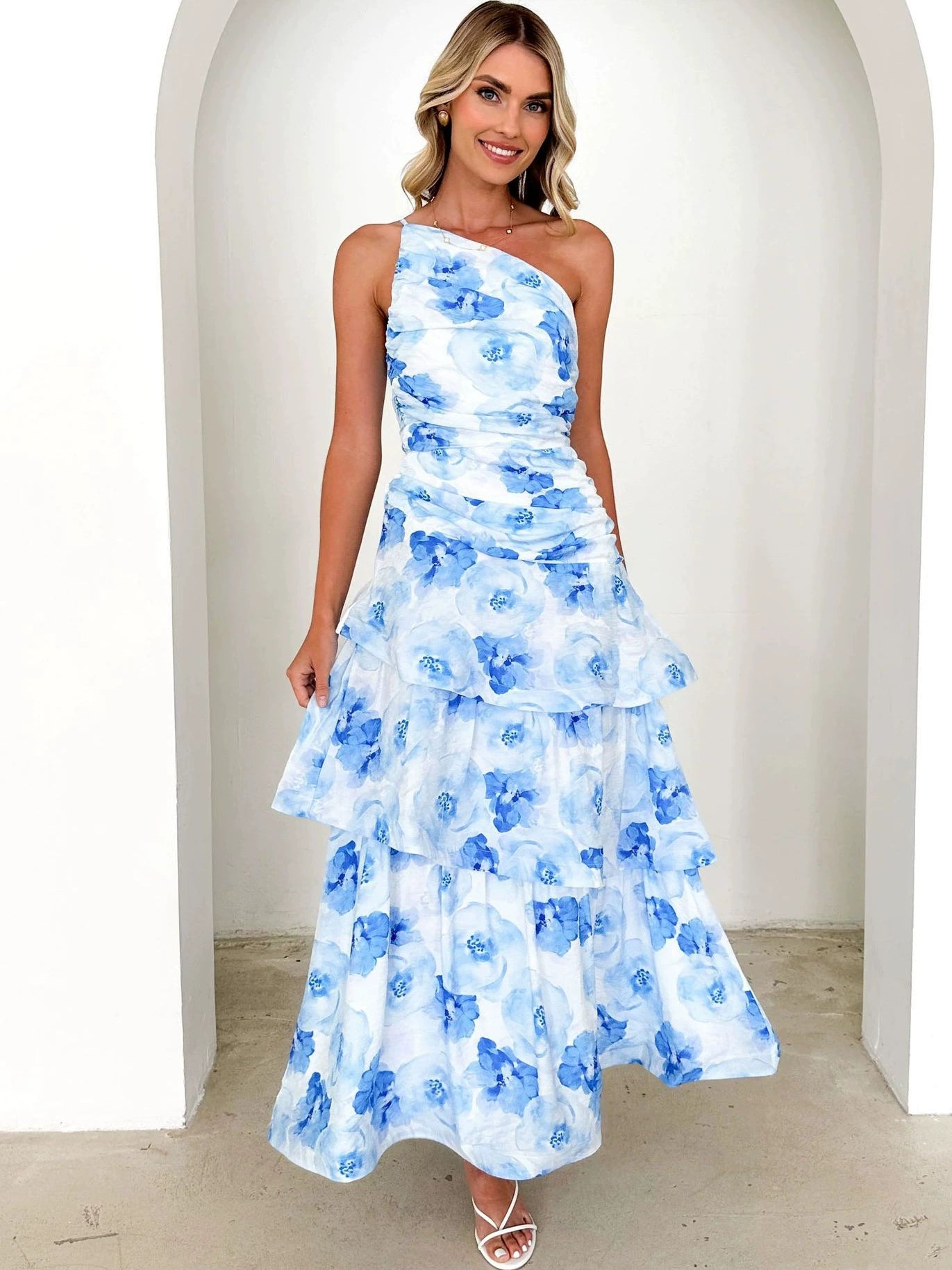 Floral One-Shoulder Maxi Dress – Women's Vacation Dress