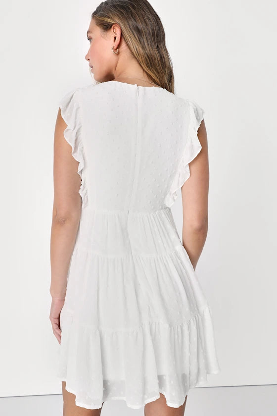 Dreamy Designs White Ruffled Tiered Swiss Dot Mini Dress