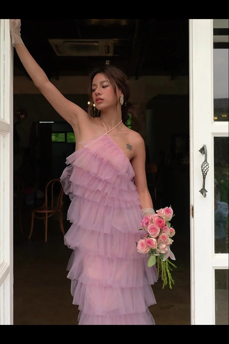 Formal Tulle Long Dress - Pink