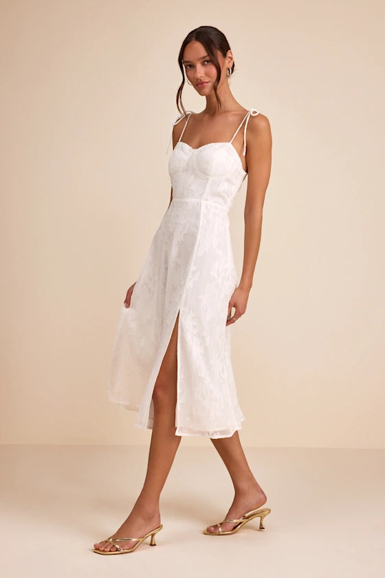 Loveliest Looks White Floral Jacquard Tie-Strap Midi Dress