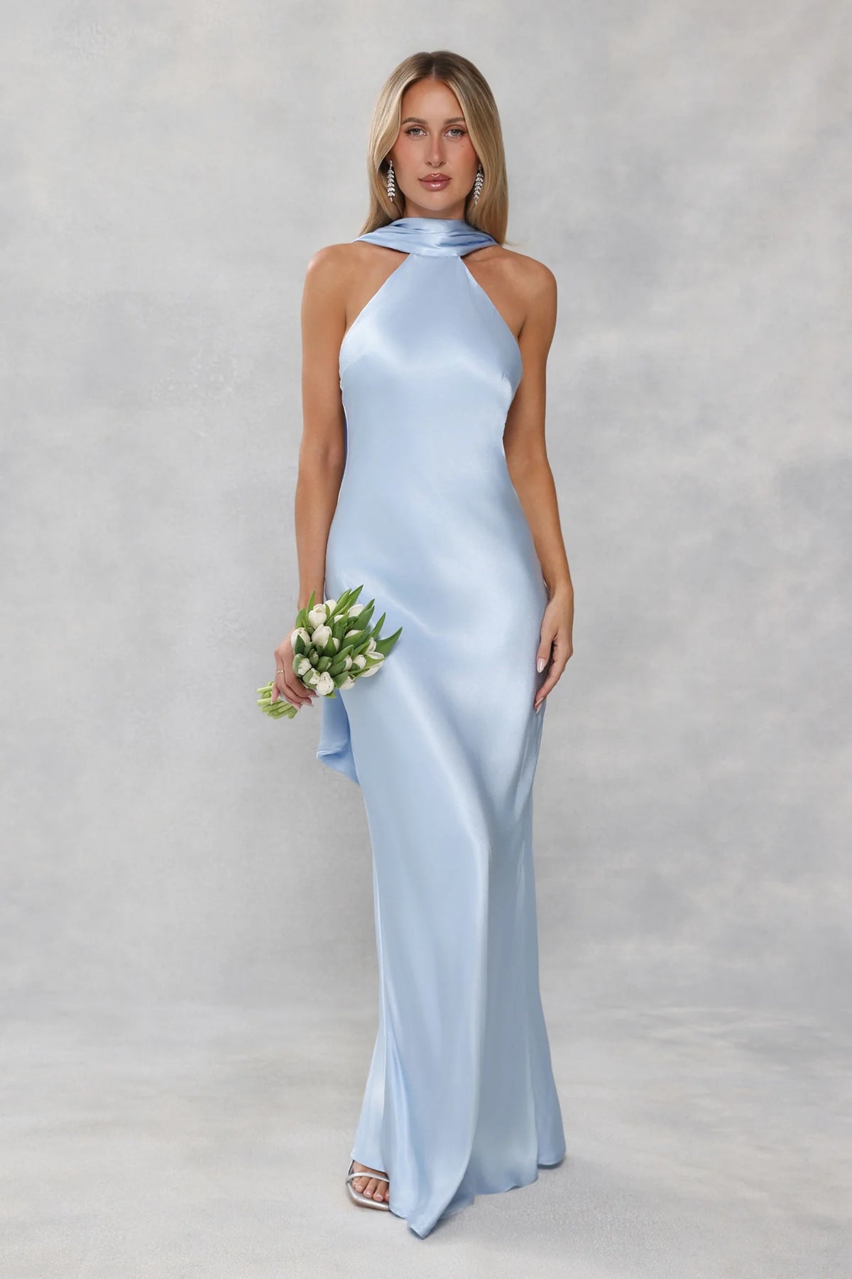 The Vivia Halter Satin Maxi Dress Light Blue