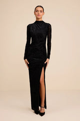 Neilina Black Velvet Jacquard Mock Neck Maxi Dress