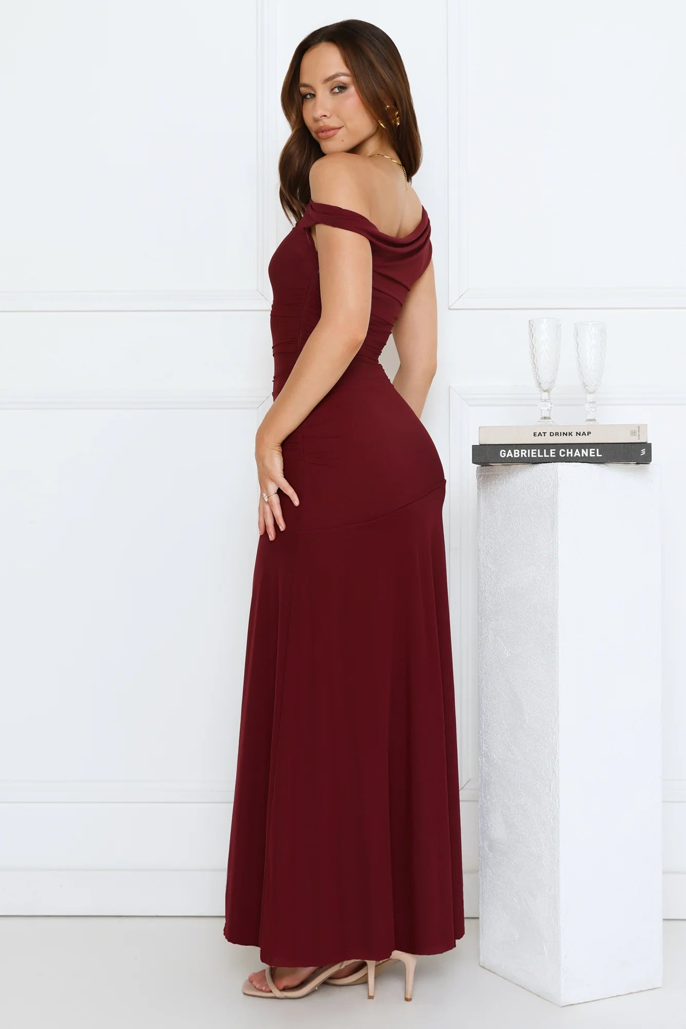 Dusk Noir Off Shoulder Maxi Dress Wine