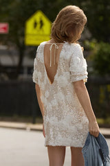 Kayleena Ivory Sequin Rosette Tie-Back Shift Dress