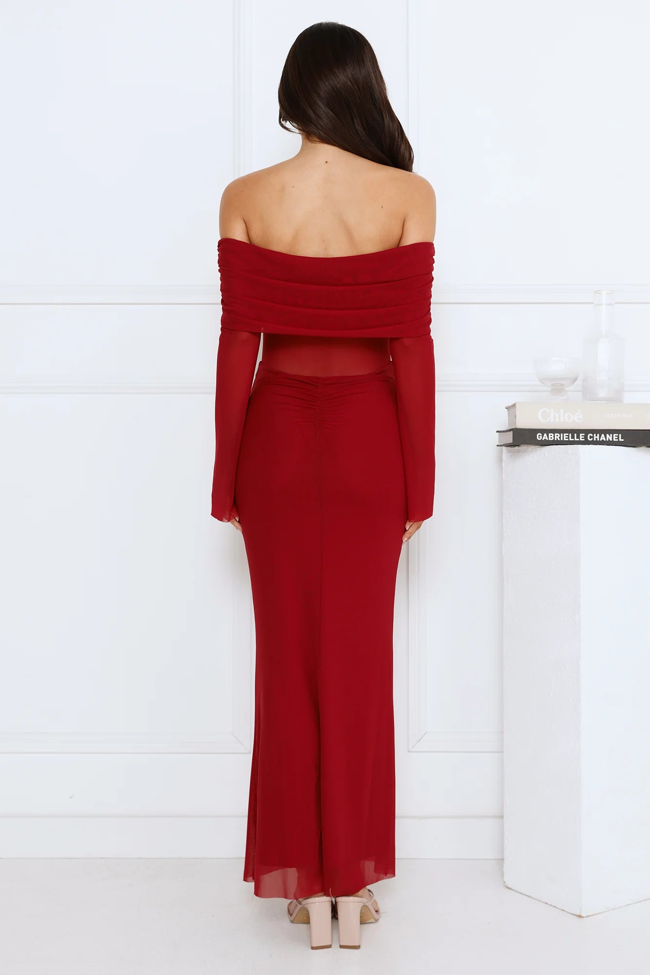 Softspell Off Shoulder Mesh Maxi Dress Burgundy