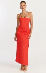 Strapless Draped Side Split Dress in Orange