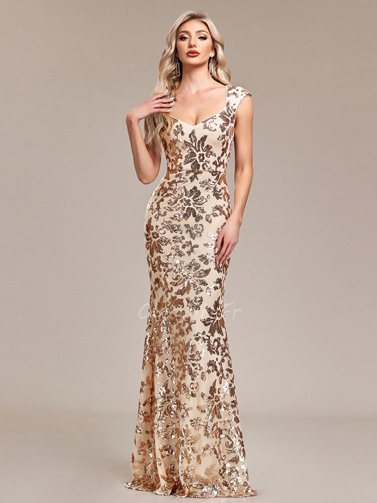 Glamour Robe de Soirée Moulante Longue Gold Dorée Brillante Epaule Couverte