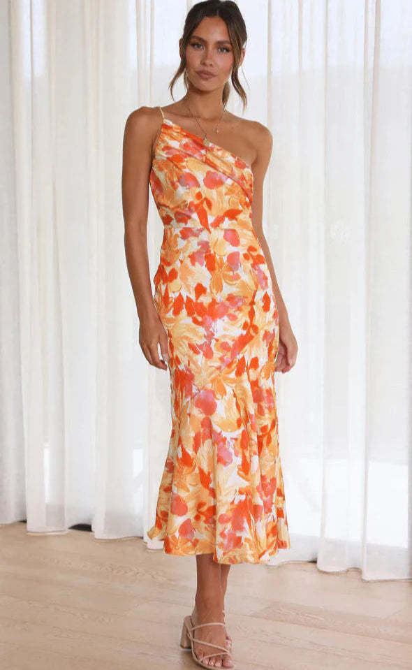 Aeris | Long asymmetrical dress with floral pattern