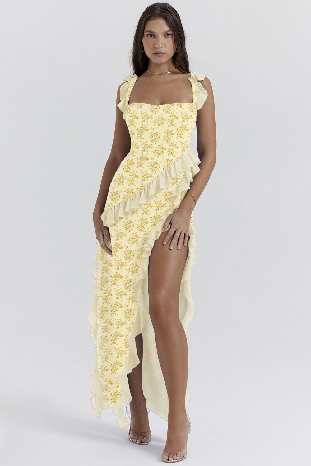 cherry ruffle maxi dress-yellow flower