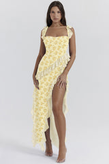 cherry ruffle maxi dress-yellow flower