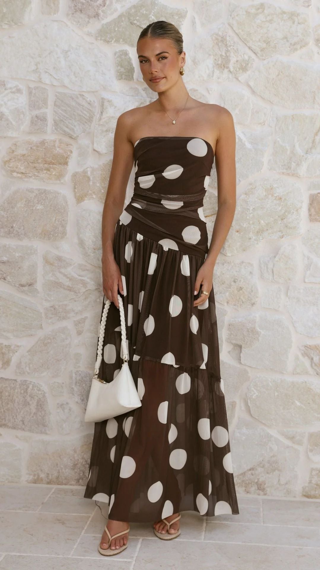Polka Dot Strapless Ruched Maxi Dress