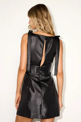 Kinglsey Black Satin Bow Shift Mini Dress
