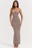 taupe strapless corset maxi dress